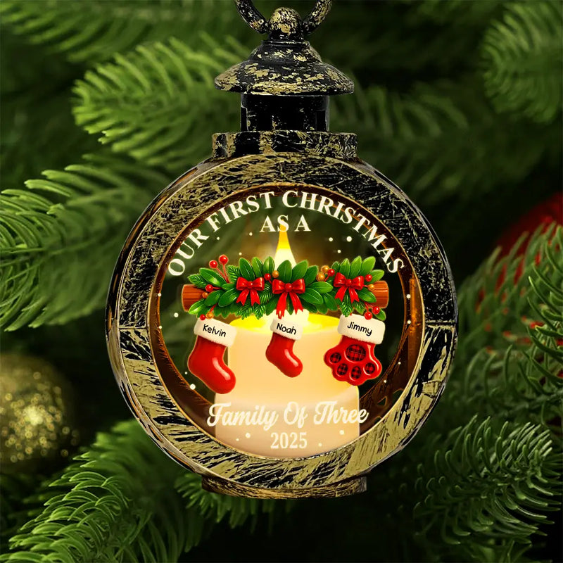 Family,Pet Lovers,Pet Mom,Pet Dad,Pet Couple,Dog Lovers,Dog Couple,Dog Mom,Dog Dad,Cat Lovers,Cat Mom,Cat Dad,Cat Couple,Happy,Christmas - First Christmas Stocking Family - Personalized Candlelight Lantern Ornament