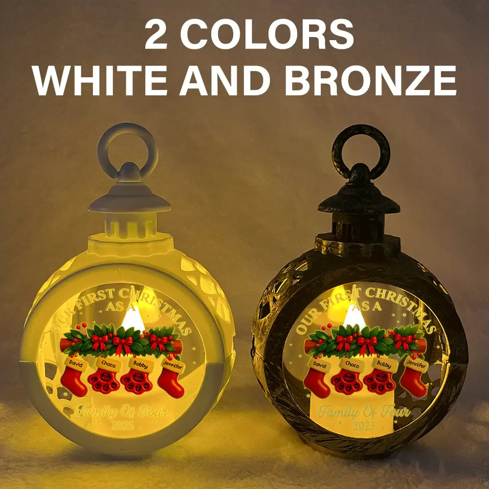 Family,Pet Lovers,Pet Mom,Pet Dad,Pet Couple,Dog Lovers,Dog Couple,Dog Mom,Dog Dad,Cat Lovers,Cat Mom,Cat Dad,Cat Couple,Happy,Christmas - First Christmas Stocking Family - Personalized Candlelight Lantern Ornament