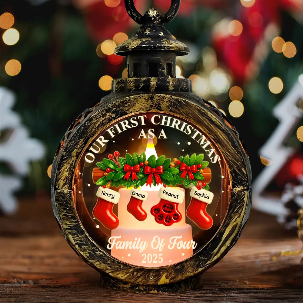 First Christmas Stocking Family - Personalized Candlelight Lantern Ornament