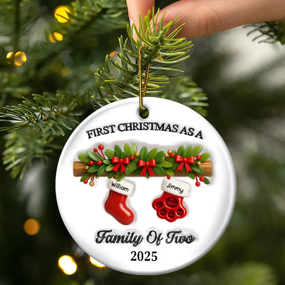 Family,Pet Lovers,Pet Mom,Pet Dad,Pet Couple,Dog Lovers,Dog Couple,Dog Mom,Dog Dad,Cat Lovers,Cat Mom,Cat Dad,Cat Couple,Happy,Christmas,Top Market - First Christmas Stocking Family - Personalized Circle Ceramic Ornament