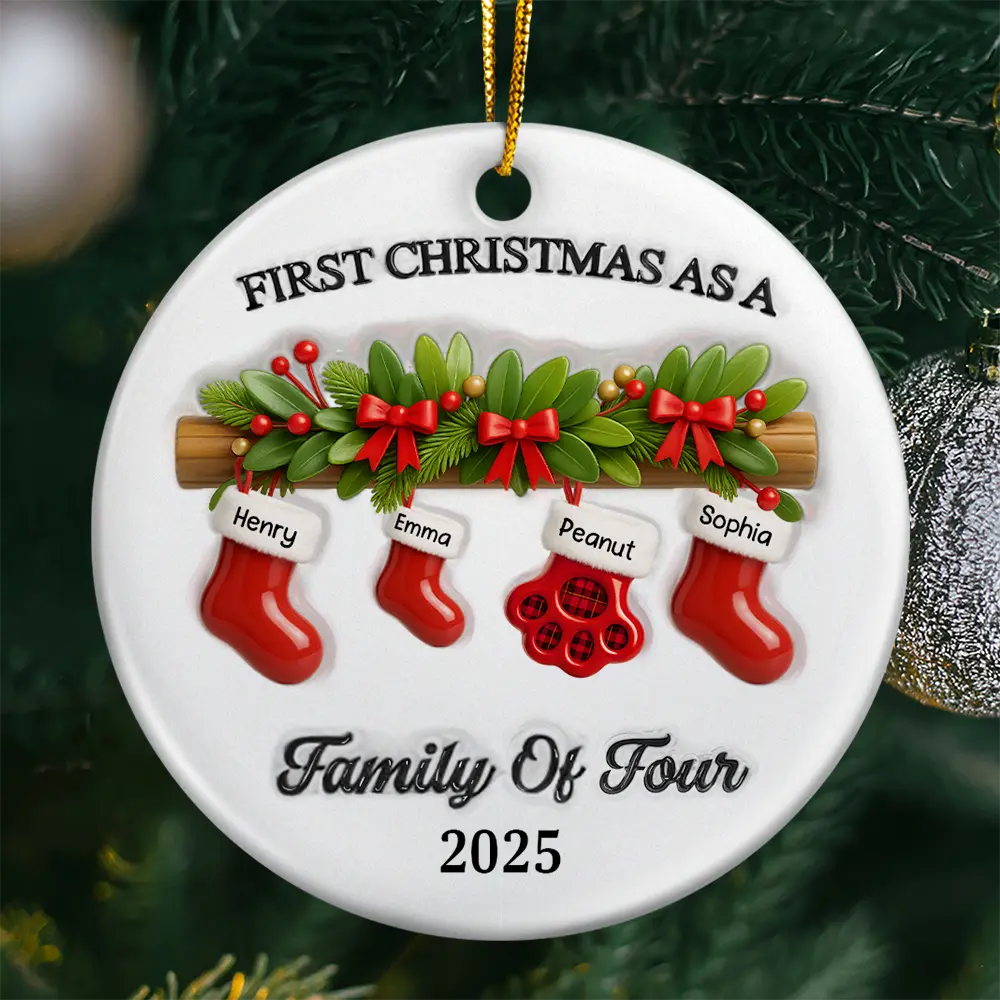 First Christmas Stocking Family - Personalized Circle Ceramic Ornament