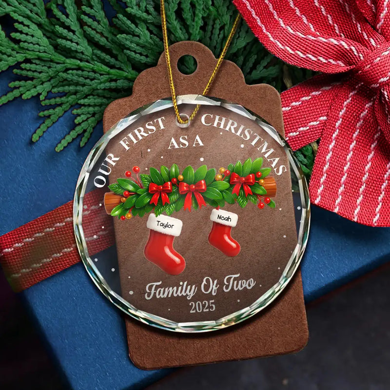 Family,Pet Lovers,Pet Mom,Pet Dad,Pet Couple,Dog Lovers,Dog Couple,Dog Mom,Dog Dad,Cat Lovers,Cat Mom,Cat Dad,Cat Couple,Happy,Christmas - First Christmas Stocking Family - Personalized Circle Glass Ornament