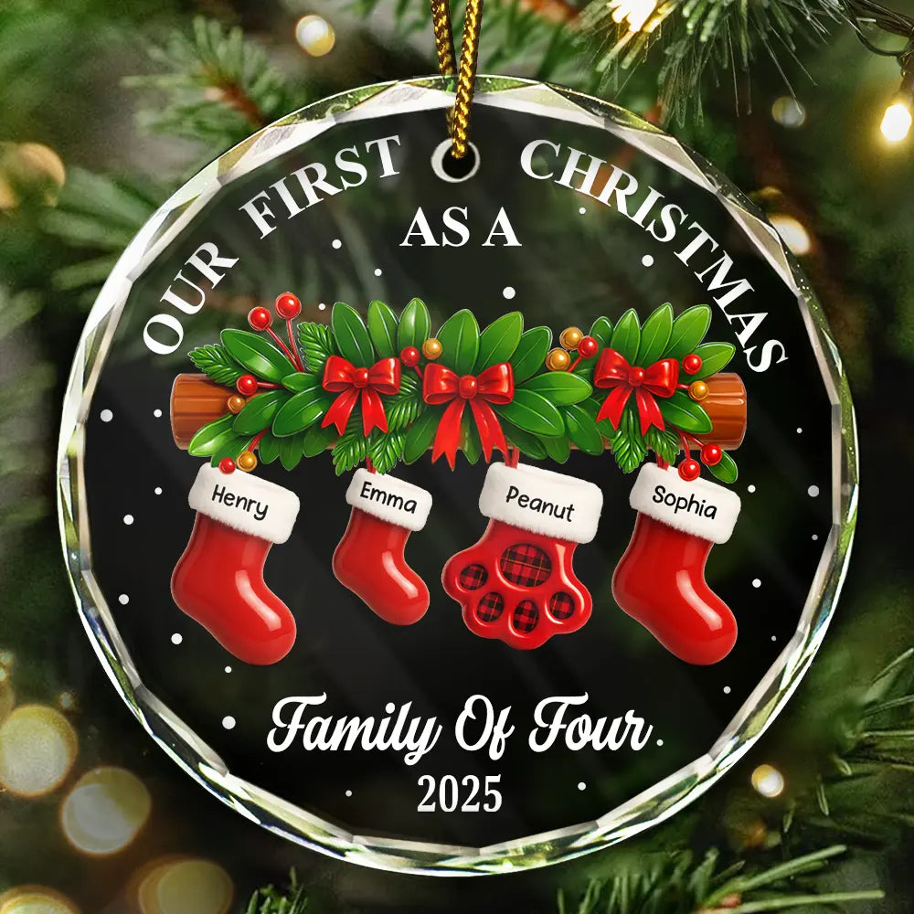 Family,Pet Lovers,Pet Mom,Pet Dad,Pet Couple,Dog Lovers,Dog Couple,Dog Mom,Dog Dad,Cat Lovers,Cat Mom,Cat Dad,Cat Couple,Happy,Christmas - First Christmas Stocking Family - Personalized Circle Glass Ornament