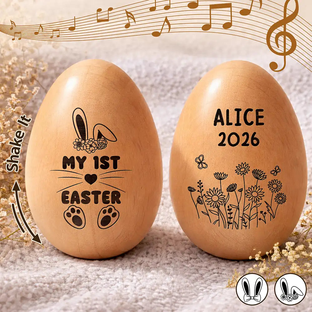 Gift For Kids,Grandma - Grandkids,Gift For Grandkids,Dad - Children,Mom - Children,Easter,Happy - First Easter Cute Bunny With Name - Personalized Musical Wooden Easter Egg Shaker