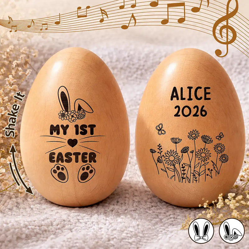 Gift For Kids,Grandma - Grandkids,Gift For Grandkids,Dad - Children,Mom - Children,Easter,Happy - First Easter Cute Bunny With Name - Personalized Musical Wooden Easter Egg Shaker