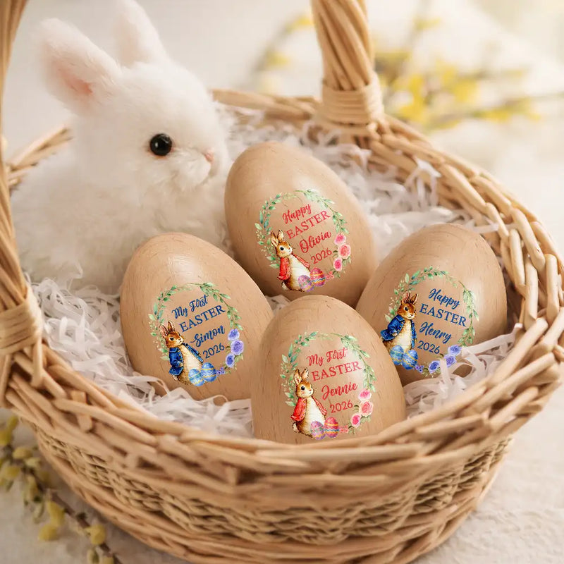 Easter,Non-Eng,Gift For Kids,Gift For Grandkids,Grandma - Grandkids,Grandpa - Grandkids,Dad - Children,Mom - Children,Happy - First Easter With Adorable Bunny - Personalized Musical Wooden Easter Egg Shaker