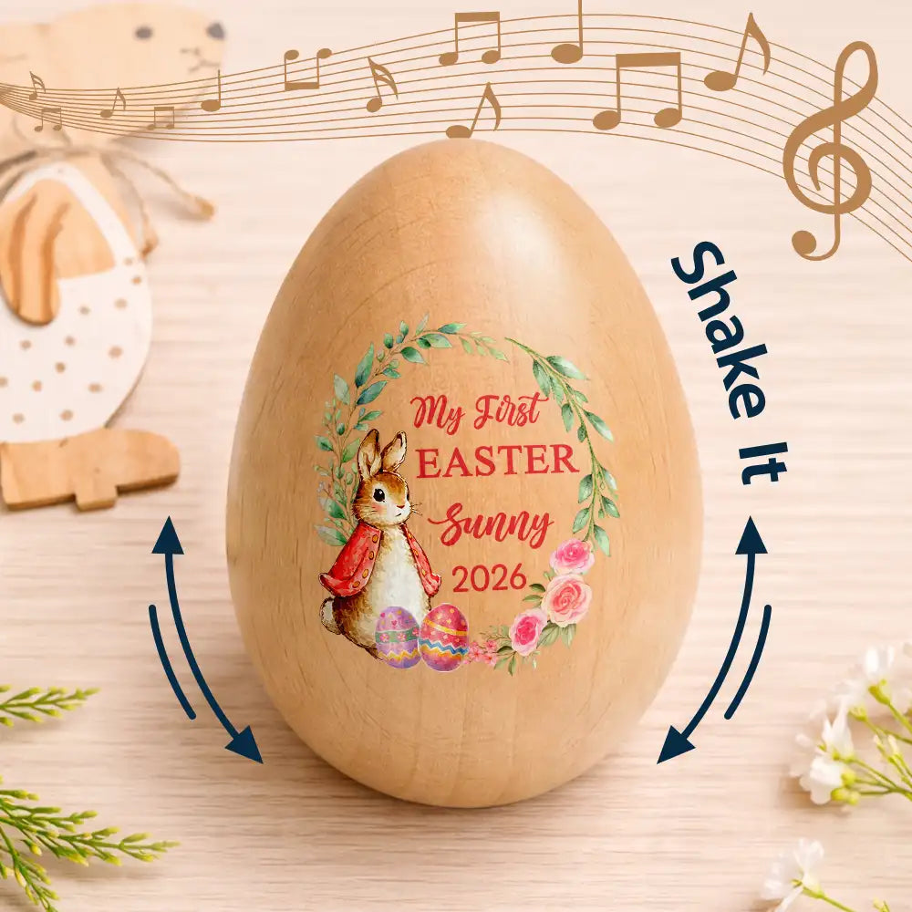 Easter,Non-Eng,Gift For Kids,Gift For Grandkids,Grandma - Grandkids,Grandpa - Grandkids,Dad - Children,Mom - Children,Happy - First Easter With Adorable Bunny - Personalized Musical Wooden Easter Egg Shaker