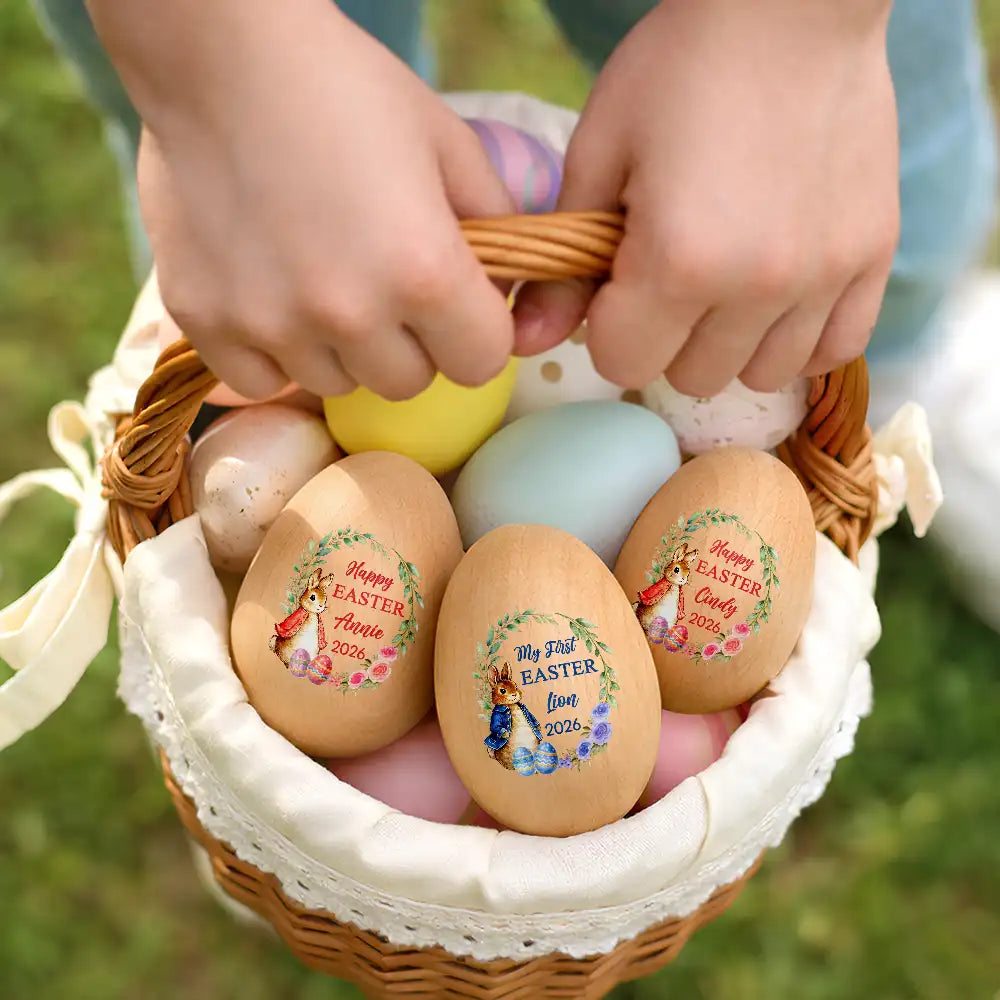 Easter,Non-Eng,Gift For Kids,Gift For Grandkids,Grandma - Grandkids,Grandpa - Grandkids,Dad - Children,Mom - Children,Happy - First Easter With Adorable Bunny - Personalized Musical Wooden Easter Egg Shaker