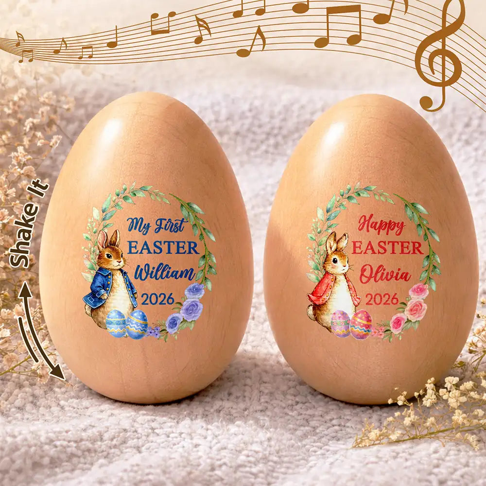 Easter,Non-Eng,Gift For Kids,Gift For Grandkids,Grandma - Grandkids,Grandpa - Grandkids,Dad - Children,Mom - Children,Happy - First Easter With Adorable Bunny - Personalized Musical Wooden Easter Egg Shaker
