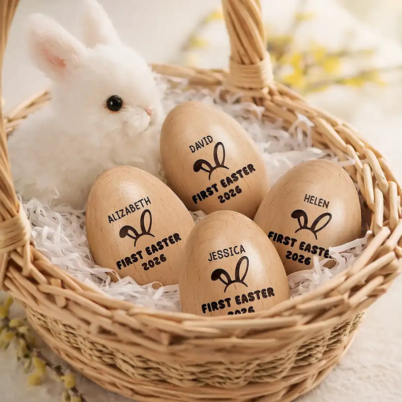 Gift For Kids,Gift For Grandkids,Non-Eng - First Easter With Custom Name - Personalized Musical Wooden Easter Egg Shaker