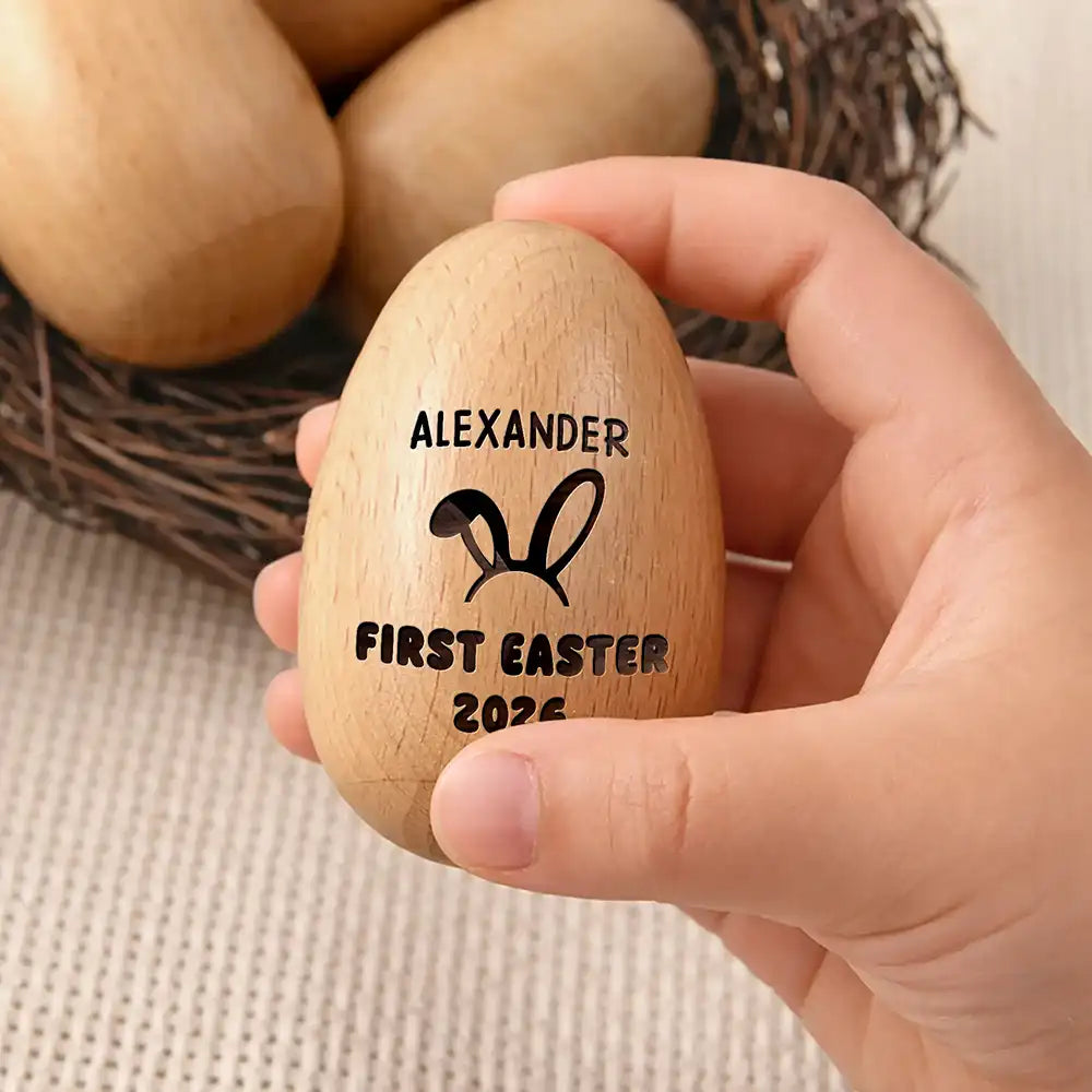 Gift For Kids,Gift For Grandkids,Non-Eng - First Easter With Custom Name - Personalized Musical Wooden Easter Egg Shaker