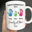 Family,Gift For Father,Happy - First Father's Day As A Family Of Four Handprints - 3D Inflated Effect Printed Mug, Personalized Mug