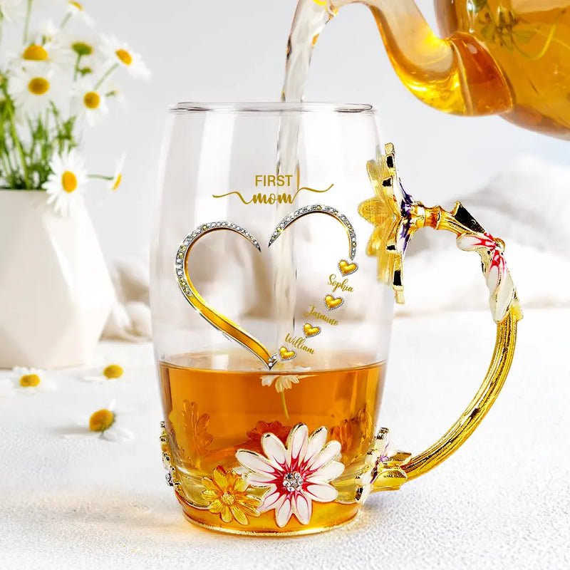 Gift For Grandma, Grandma - Grandkids, Gift For Mother, Happy - First Mom Now Grandma - Personalized Glass Flower Tea Cup
