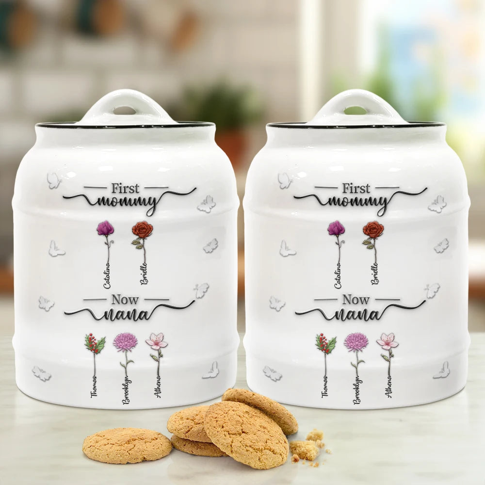 Gift For Mother,Gift For Grandma,Love,Happy - First Mom Now Grandma 3D Effect Birth Flowers - Personalized Cookie Jar