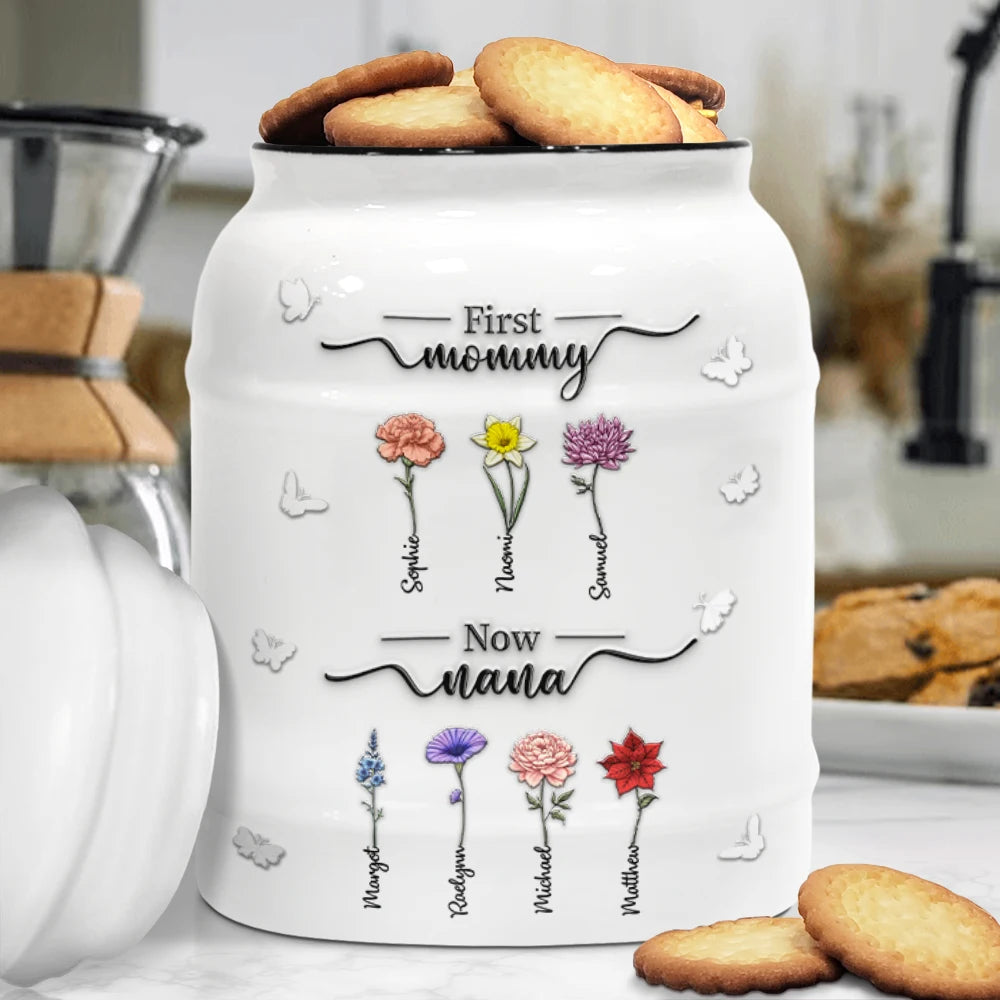 Gift For Mother,Gift For Grandma,Love,Happy - First Mom Now Grandma 3D Effect Birth Flowers - Personalized Cookie Jar