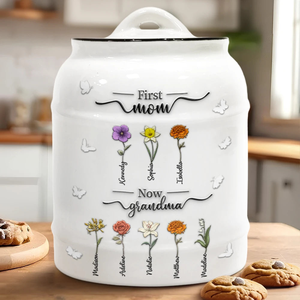 First Mom Now Grandma 3D Effect Birth Flowers - Personalized Cookie Jar