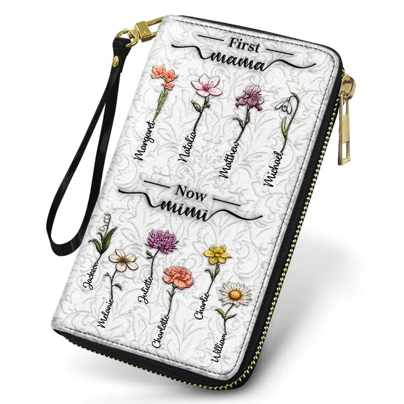 Gift For Mother,Gift For Grandma,Love,Happy - First Mom Now Grandma 3D Effect Birth Flowers - Personalized Leather Long Wallet