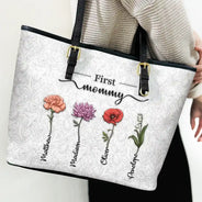 Gift For Mother, Gift For Grandma, Love, Happy - First Mom Now Grandma 3D Effect Birth Flowers - Personalized Leather Tote Bag