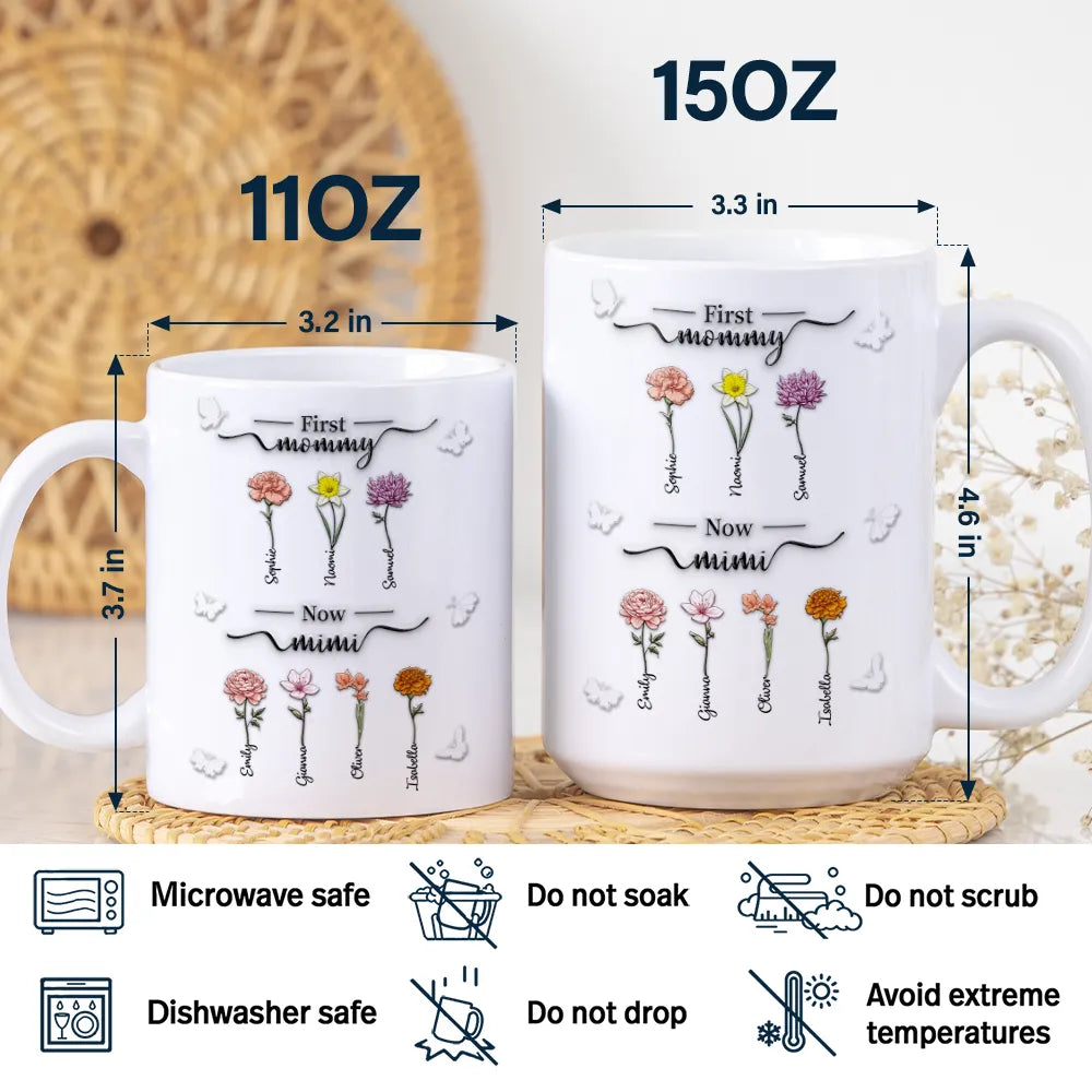 Gift For Mother, Gift For Grandma, Love, Happy - First Mom Now Grandma 3D Effect Birth Flowers - Personalized White Edge-to-Edge Mug