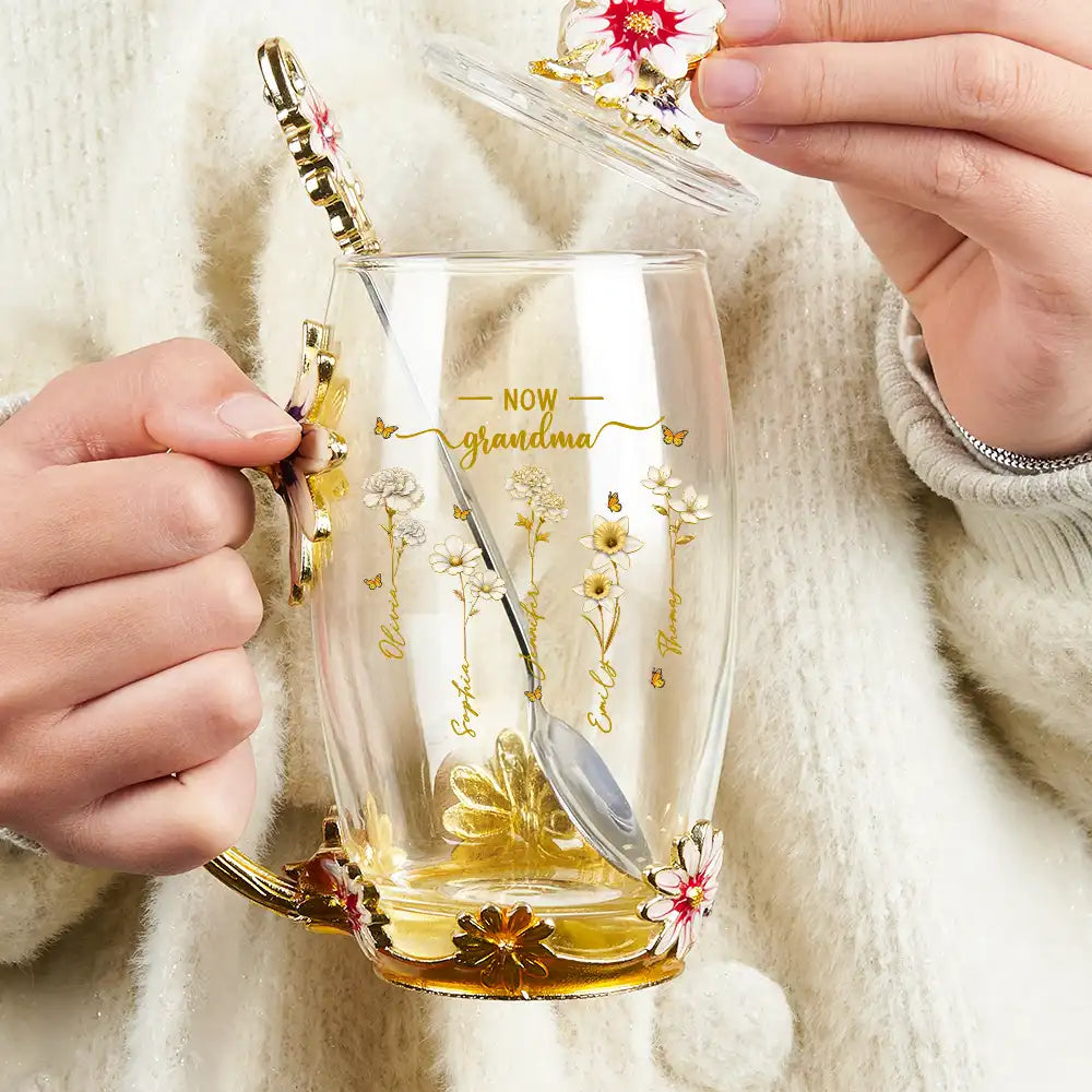 Gift For Grandma,Grandma - Grandkids,Happy - First Mom Now Grandma Birth Month Flower - Personalized Glass Flower Tea Cup