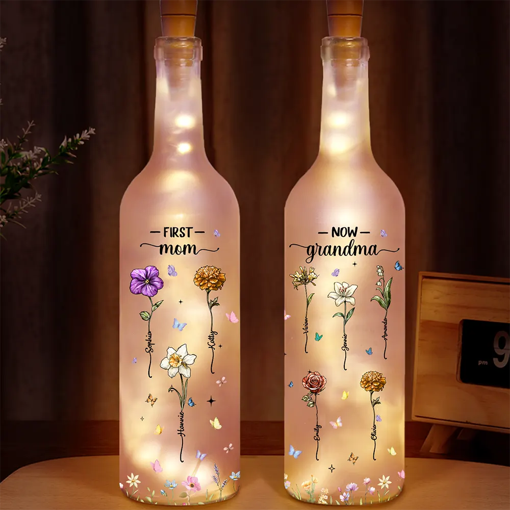 Gift For Mother,Gift For Grandma - First Mom Now Grandma Glass Effect Birth Flower - Personalized Bottle Light
