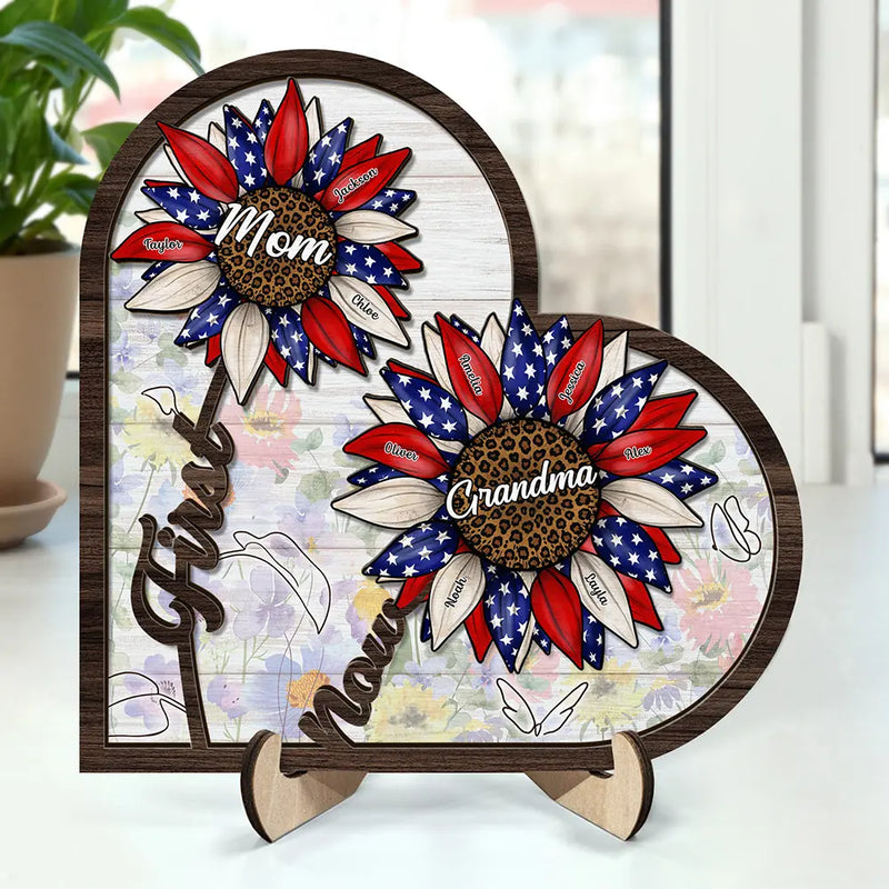 Gift For Mother,Gift For Grandma,Independence Day,Love - First Mom Now Grandma Sunflower America - Personalized 2-Layered Wooden Plaque With Stand