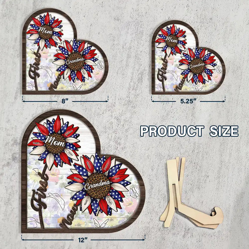 Gift For Mother,Gift For Grandma,Independence Day,Love - First Mom Now Grandma Sunflower America - Personalized 2-Layered Wooden Plaque With Stand