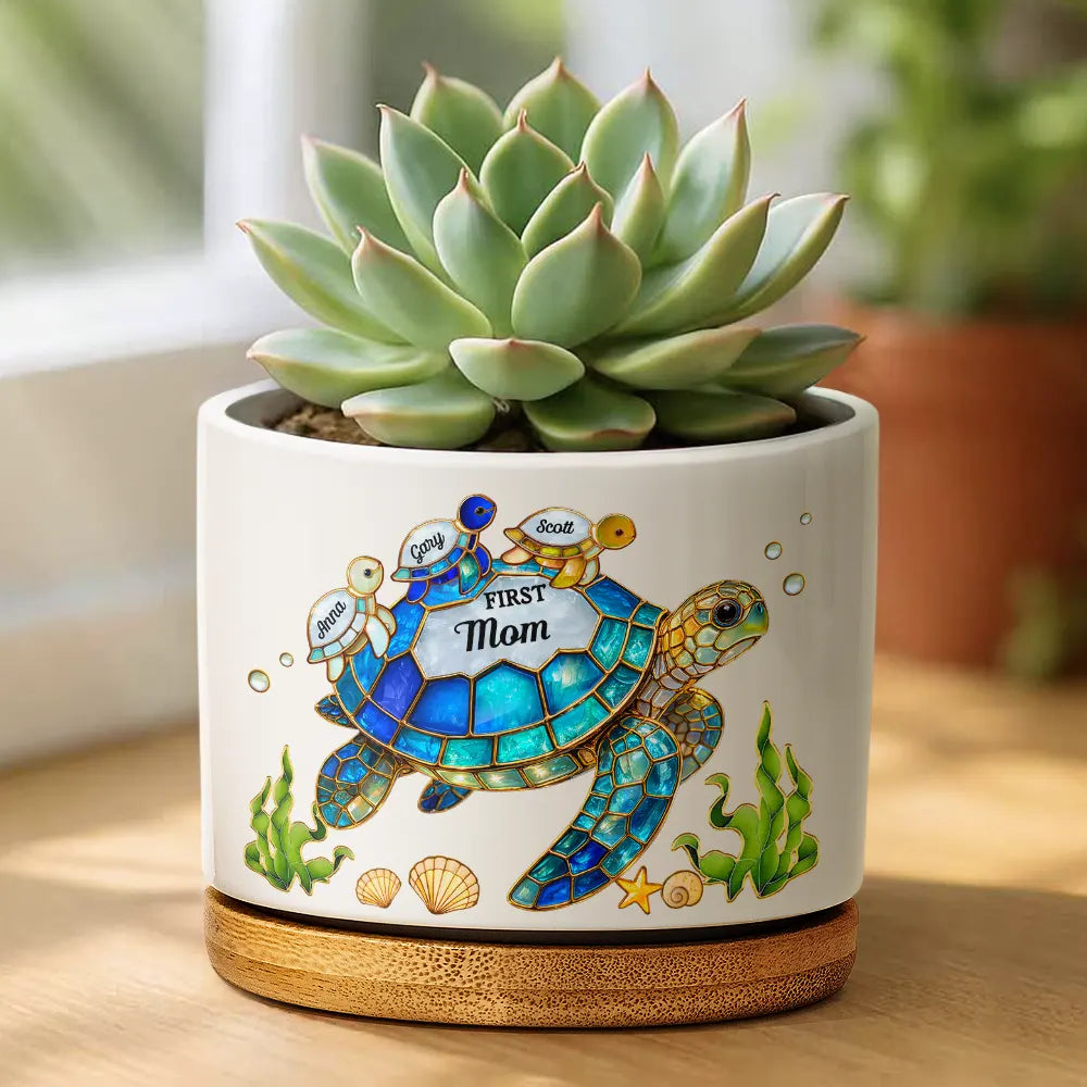 Gift For Grandma,Grandma - Grandkids,Gift For Mother,Beach,Happy,Non-Eng,Icon,Grateful - First Mom Now Grandma Turtle - Personalized Ceramic Plant Pot