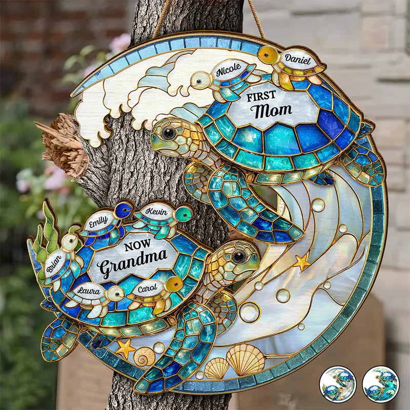 Gift For Grandma,Grandma - Grandkids,Gift For Mother,Beach,Happy,Non-Eng,Icon,Grateful - First Mom Now Grandma Turtle - Personalized Custom Shaped Wood Sign