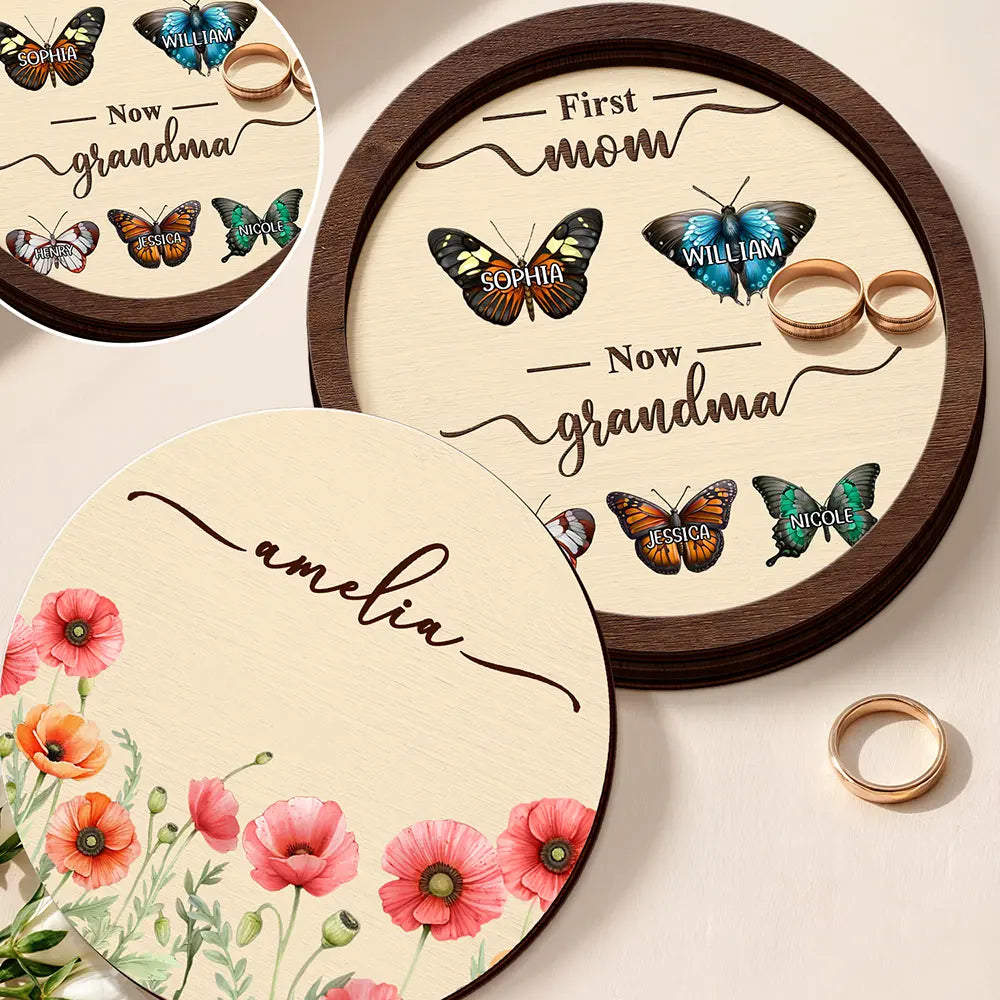 Gift For Grandma,Grandma - Grandkids,Gift For Grandparents,Gift For Mother - First Mom Now Grandma Watercolor Flower - Personalized 2-Layered Wooden Ring Dish
