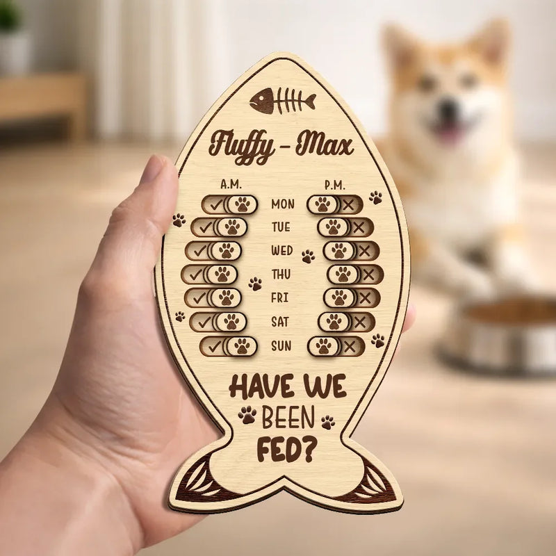 Cat Lovers,Cat Mom,Cat Couple,Cat Dad - Fish Bone Shaped Feeding And Medication Tracker - Personalized Wooden Pet Feeding Reminder