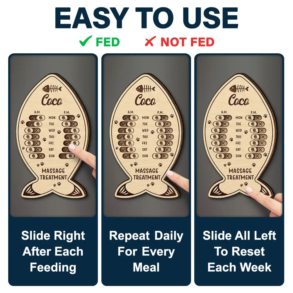 Cat Lovers,Cat Mom,Cat Couple,Cat Dad - Fish Bone Shaped Feeding And Medication Tracker - Personalized Wooden Pet Feeding Reminder