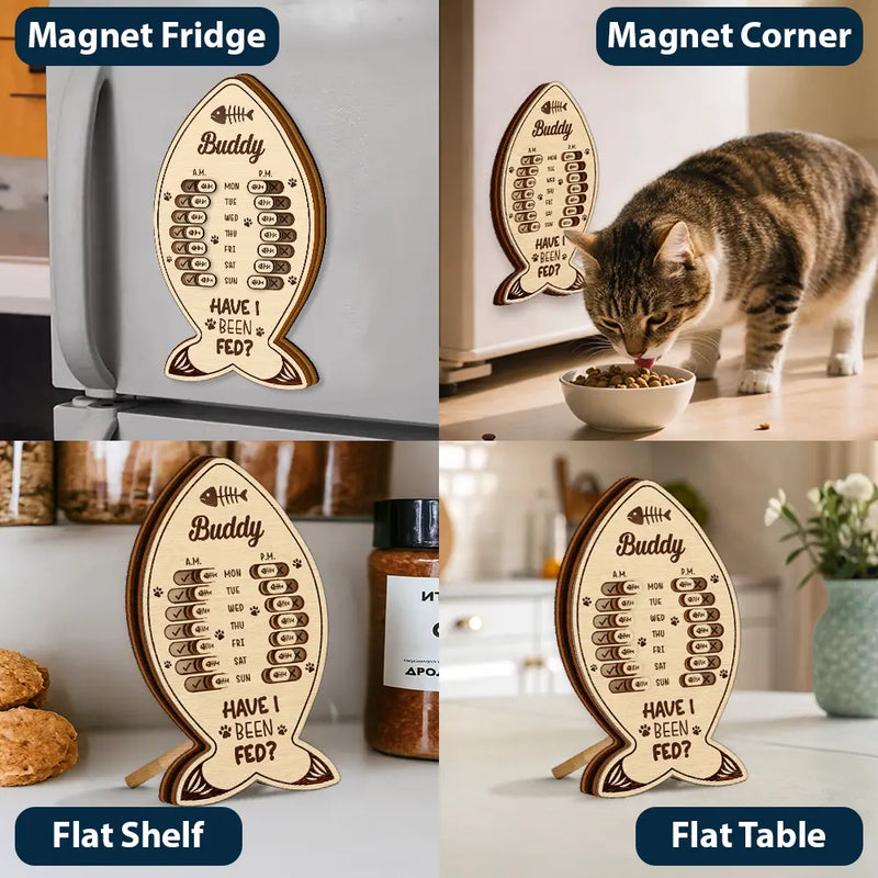 Cat Lovers,Cat Mom,Cat Couple,Cat Dad - Fish Bone Shaped Feeding And Medication Tracker - Personalized Wooden Pet Feeding Reminder