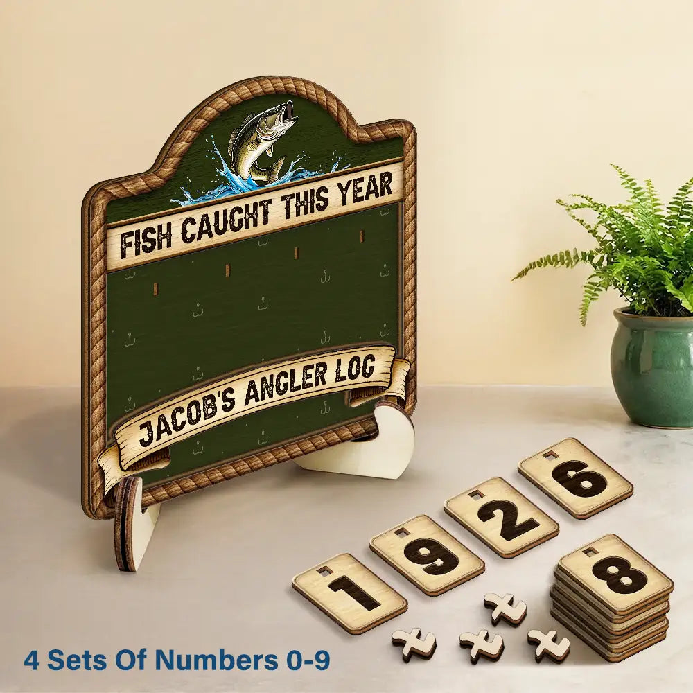 Gift For Yourself,Gift For Women,Gift For Men,Fishing,Happy - Fish Caught This Year - Personalized 2-Layered Wooden Tracker Sign