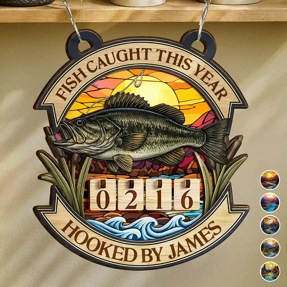 Fish Caught This Year Stained Glass Background- Personalized Hanging T ...