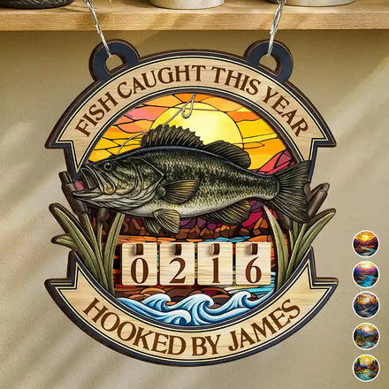 Fish Caught This Year Stained Glass Background- Personalized Hanging Tracker Sign