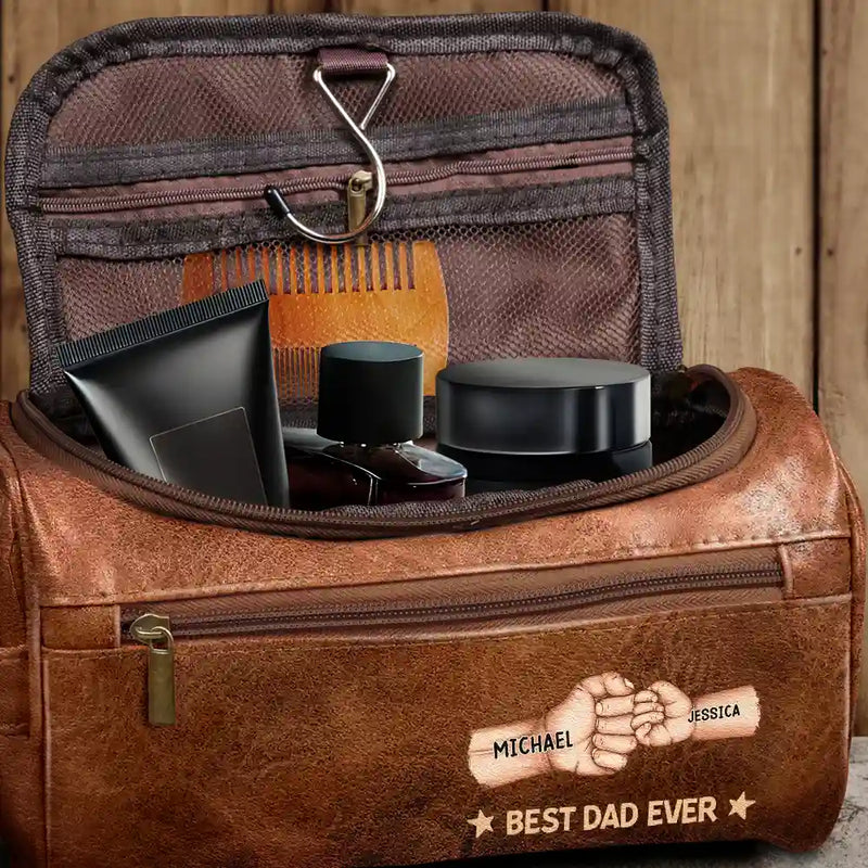 Gift For Yourself, Gift For Men, Grandpa - Grandkids, Gift For Grandpa, Gift For Father, Dad - Children, Dad - Sons, Dad - Daughters (Young), Dad - Daughters (Adult), Love - Fist Bump Best Dad Grandpa Papa Ever - Personalized Leather Toiletry Bag