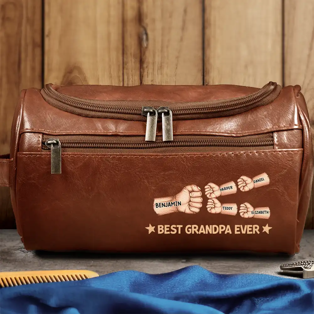 Gift For Yourself, Gift For Men, Grandpa - Grandkids, Gift For Grandpa, Gift For Father, Dad - Children, Dad - Sons, Dad - Daughters (Young), Dad - Daughters (Adult), Love - Fist Bump Best Dad Grandpa Papa Ever - Personalized Leather Toiletry Bag