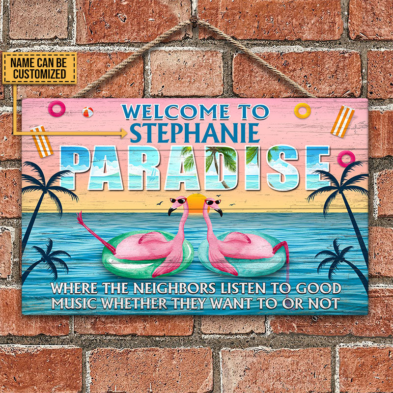 Flamingo Paradise Welcome To Where Neighbors Custom Wood Rectangle Sign