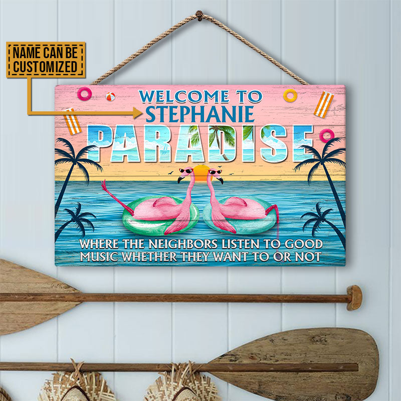 Flamingo Paradise Welcome To Where Neighbors Custom Wood Rectangle Sign