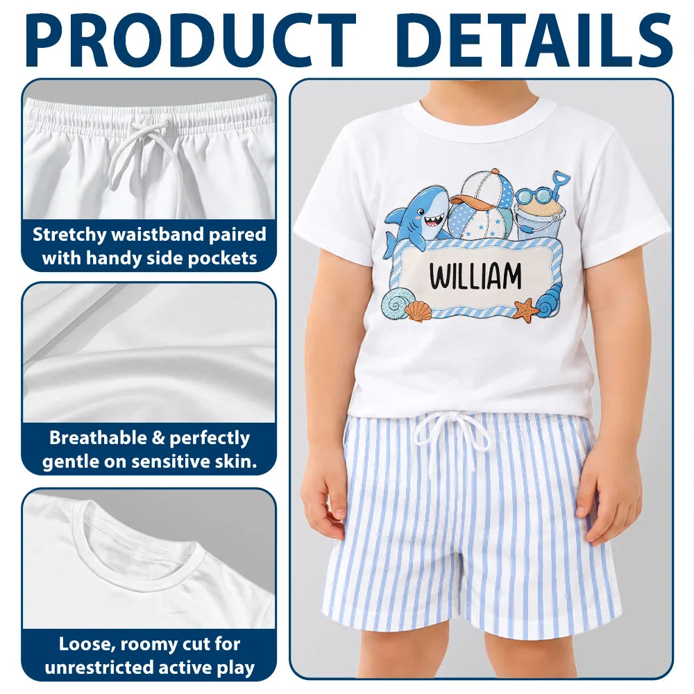 Gift For Kids, Beach, Summer, Adorable, Icon - Flamingo Shark Summer Custom Name - Personalized Kids Clothing Set