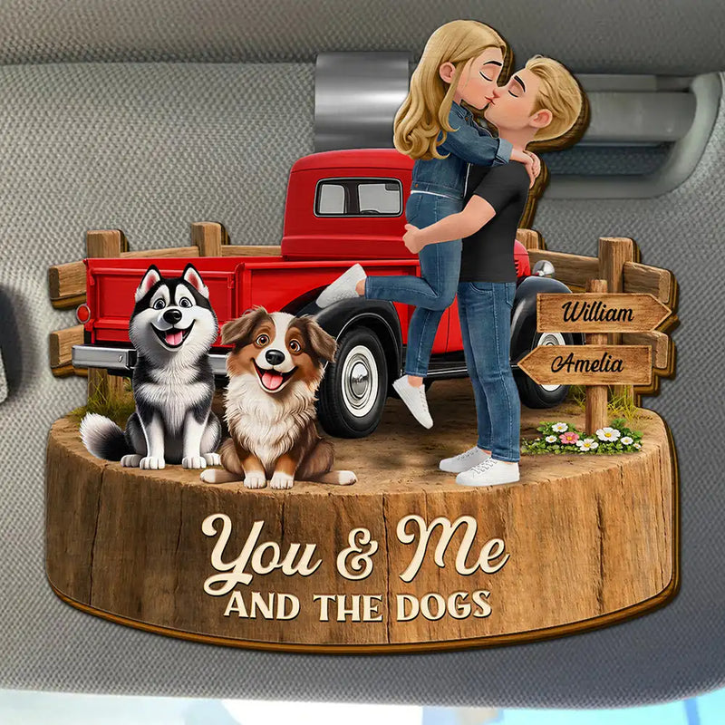 Gift For Couples,Dog Couple,Pet Lovers,Dog Lovers,Romantic,Vector - Flannel Couple You & Me And The Dogs - Personalized Custom Shaped Car Visor Clip