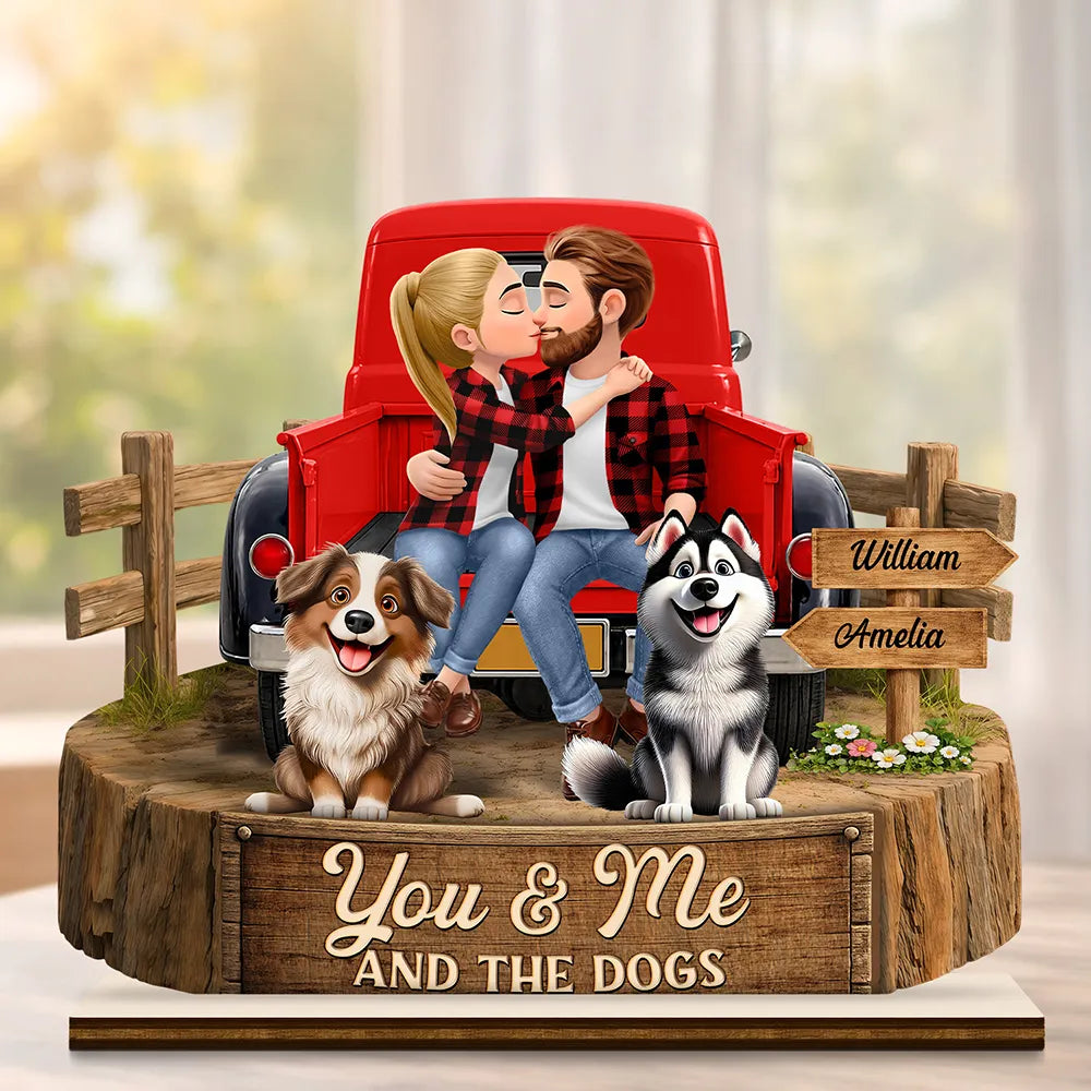Flannel Couple You & Me And The Dogs - Personalized Custom Shaped Wooden Plaque