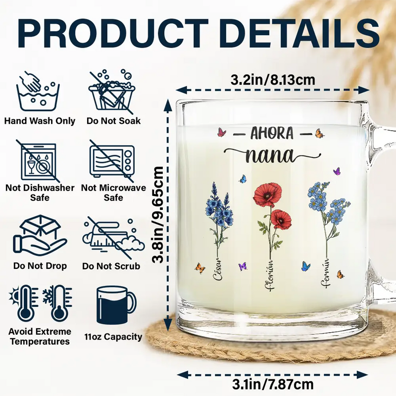 Gift For Women,Gift For Yourself,Gift For Mother,Gift For Grandma,Spanish,Love,Spanish,Top Market,Non-Eng,Glass Mug - Flor De Nacimiento Primero Mamá Ahora Abuela - Taza De Vidrio Personalizada
