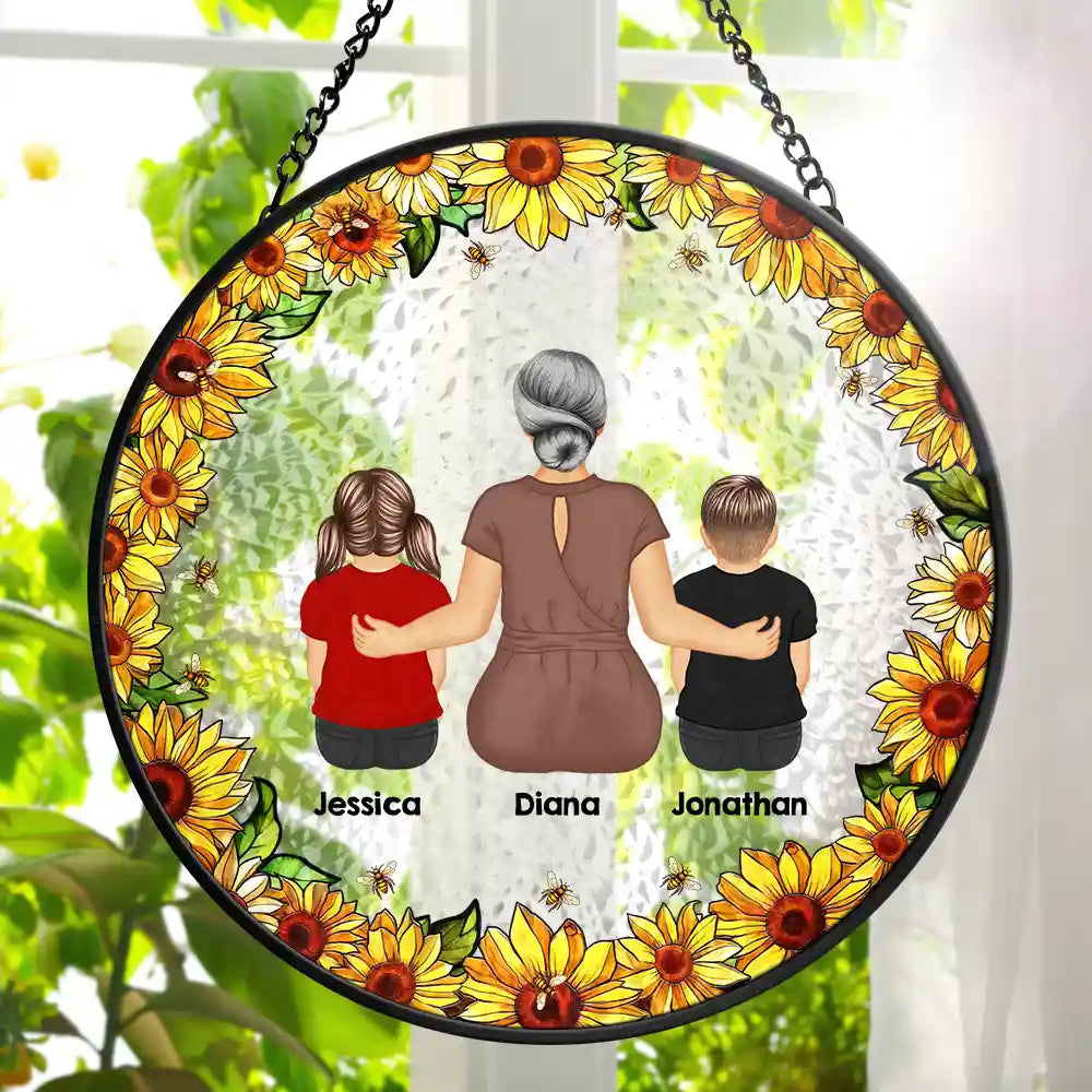 Floral Frame Grandma Mother And Children - Personalized Stained Glass Window Hanging Suncatcher