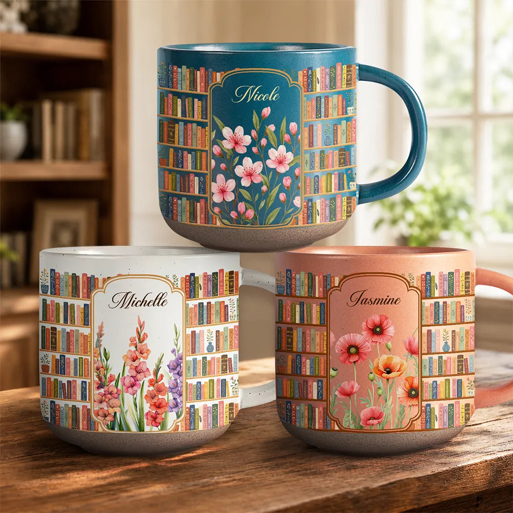 Floral Bookself Reading Mug - Personalized Pottery Mug