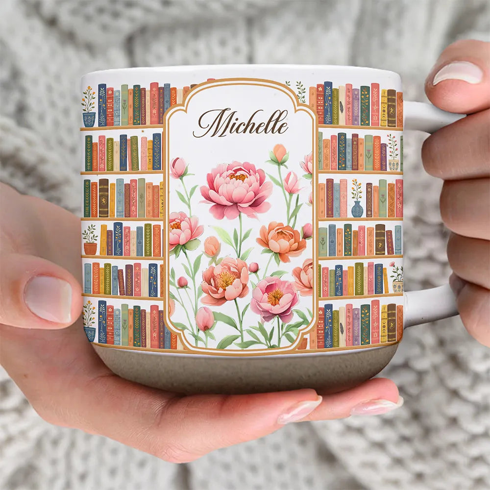 Christmas,Cozy,Reading,Gift For Yourself,Icon - Floral Bookself Reading Mug - Personalized Pottery Mug