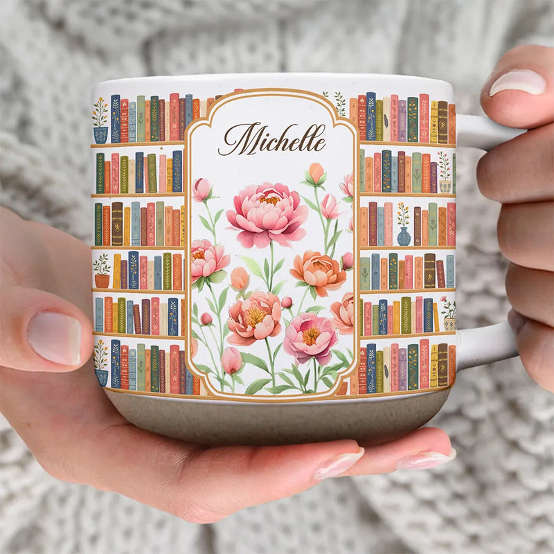 Christmas,Cozy,Reading,Gift For Yourself,Icon - Floral Bookself Reading Mug - Personalized Pottery Mug