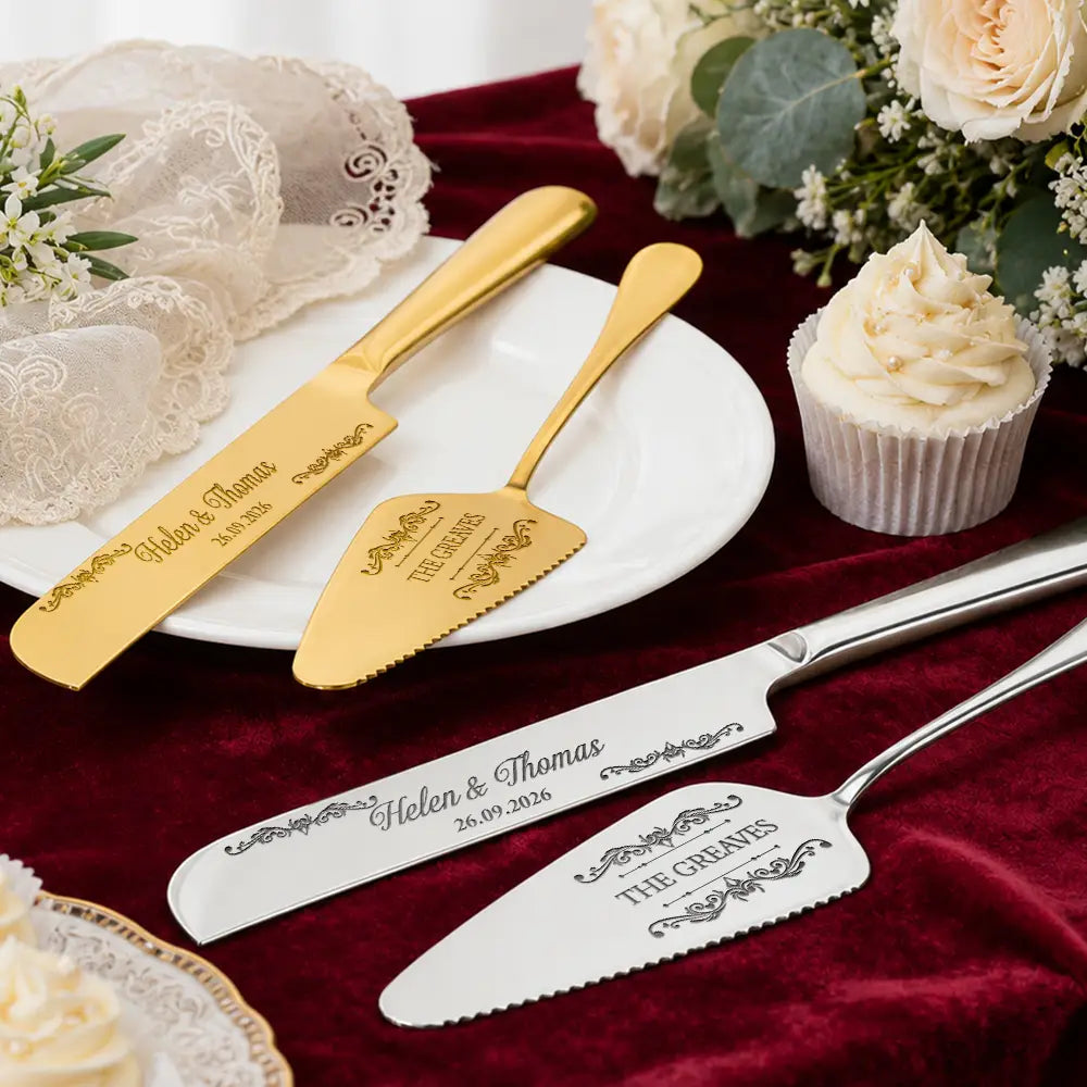 Romantic, Gift For Couples, Wedding, Custom Text - Floral Pattern Couple Wedding - Personalized Cake Cutting Set