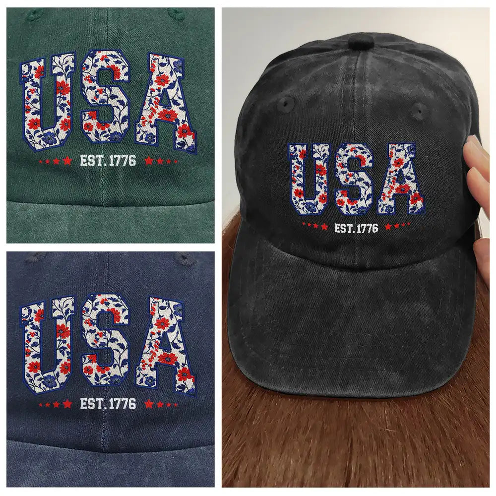 Independence Day,America 250th,Gift For Yourself,Happy,No Custom,Gift For Women,Gift For Men - Floral USA - Vintage Washed Denim Cap